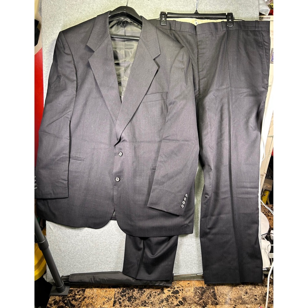 Stain* Vtg. Mens 2 Piece Suit 44R Charcoal Gray Wool Blazer Jacket Pants 44x28